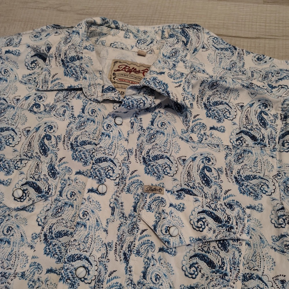 Rafter C Cowboy Collection Mens Blue Paisley Western Pearl Snap Shirt Medium